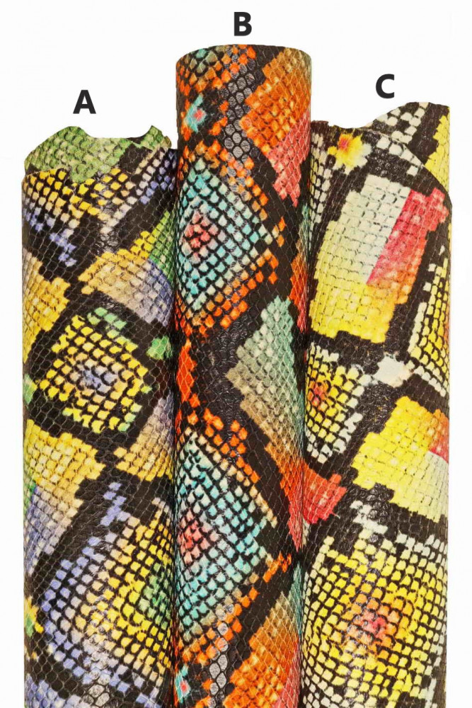 Multicolor PYTHON printed leather skin, reptile textured goatskin in bright colors, glossy snake pattern on hide