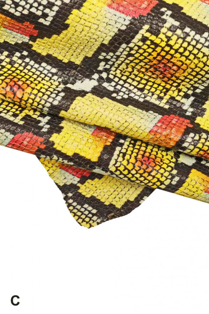 Pellame stampa PITONE multicolor, capra disegno rettile colori vivaci, pelle lucida stampata serpente