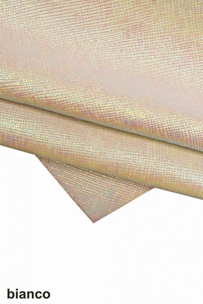 HOLOGRAPHIC saffiano printed leather hide, white pink orange light blue metallic embossed cowhide, iridescent calfskin