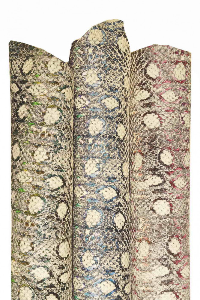 PYTHON printed leather skin, pink blue green carved goatskin, snake reptile pattern on super soft hide