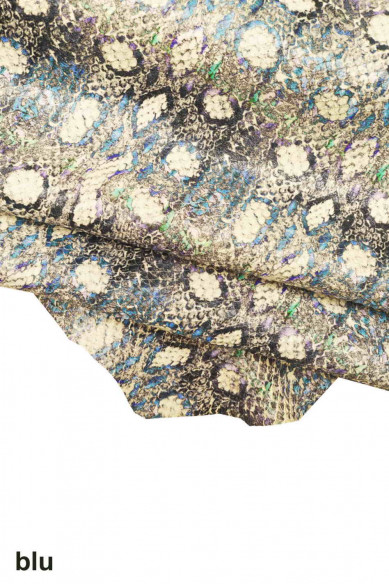 PYTHON printed leather skin, pink blue green carved goatskin, snake reptile pattern on super soft hide