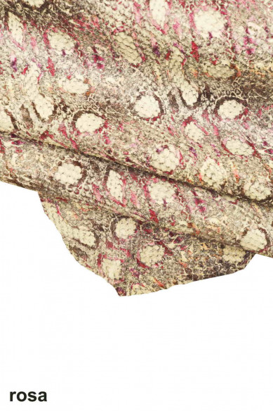 PYTHON printed leather skin, pink blue green carved goatskin, snake reptile pattern on super soft hide
