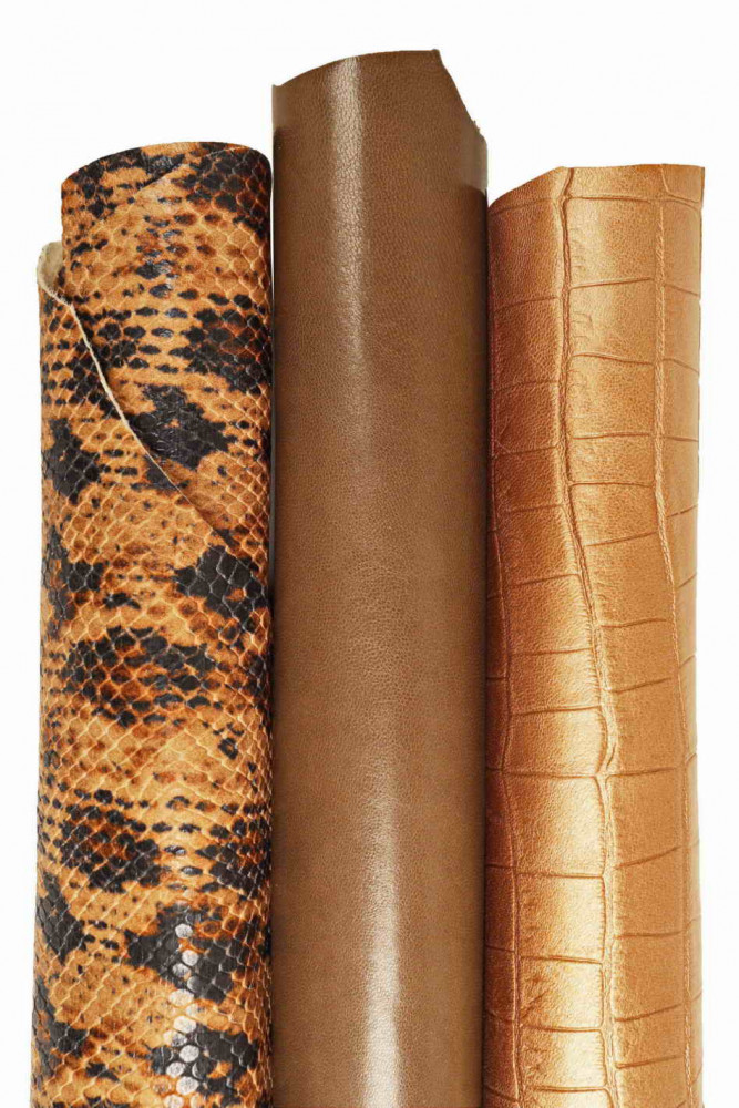 Assortment of BROWN bronze leather skins, set of printed, metallic, solid color goatskins, as per picture