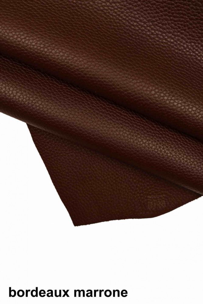BURGUNDY BROWN grainy leather hide, pebble grain printed cowhide, soft thick calfskin 1.4 - 1.5 mm