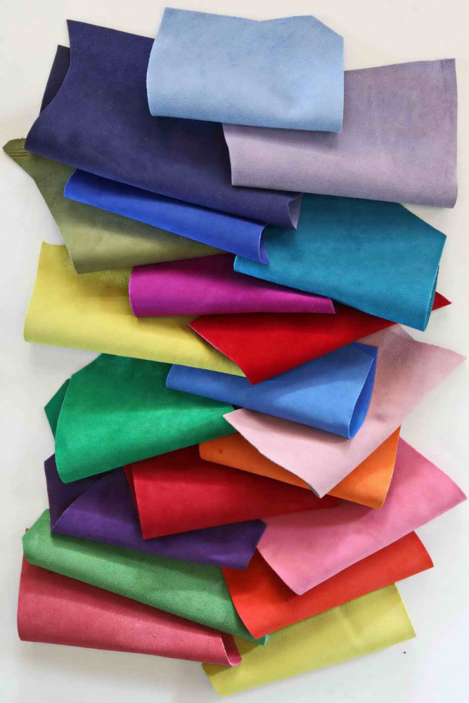 Leather SCRAPS bag, suede in BRIGHT colors, smooth and solid tones leather pieces  0,7 lbs(0,300 kg) - 1 lbs (0,500 kg)