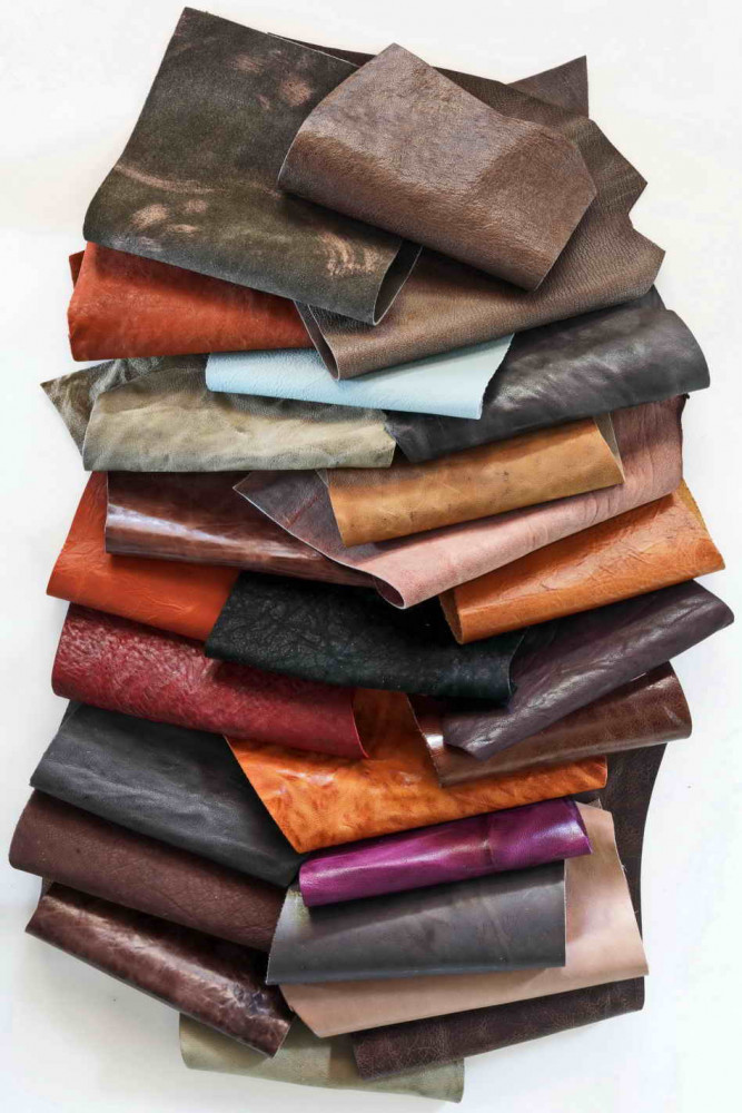 Leather SCRAPS bag, DISTRESSED antiqued leather pieces, colors and grains various    0,7 lbs(0,300 kg) - 1 lbs (0,500 kg)