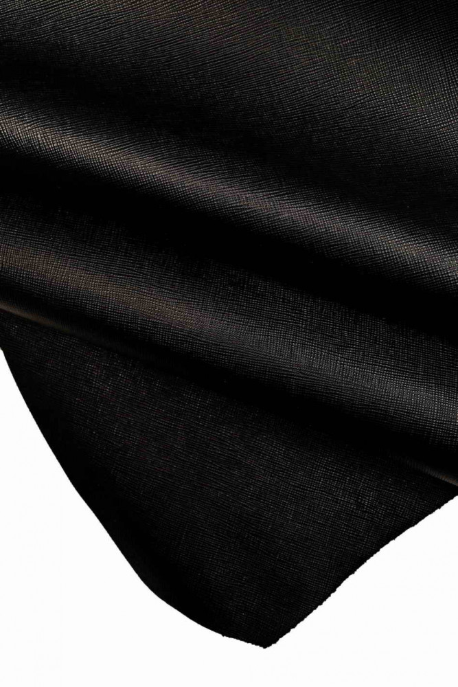 BLACK SAFFIANO leather hide, glossy stiff embossed cowhide, classic saffiano printed calfskin, 1.3 - 1.4 mm B16112-TB