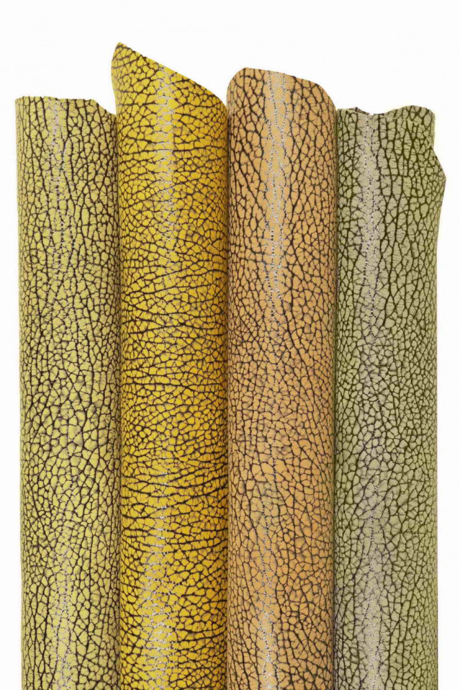 ELEPHANT textured leather skin, military green, yellow, tan printed suede goatskin, glossy soft skin