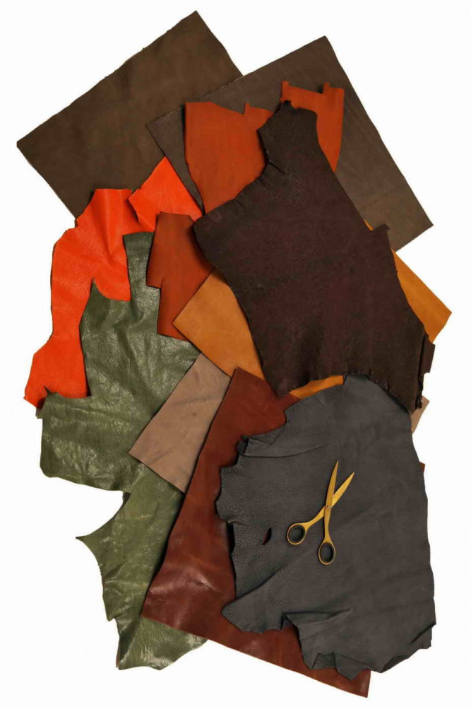 Pack of 10 leather scraps DISTRESSED, antiqued type, solid colors. thicknesses and sizes various, random selection