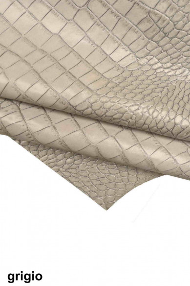 Pelle stampa COCCODRILLO celeste grigio rosa, pellame motivo cocco, vitello stampato animalier, morbidezza media