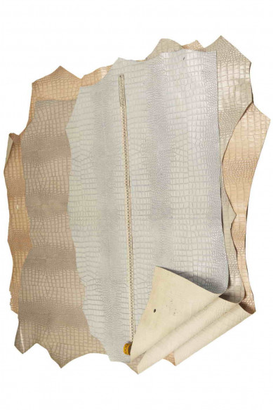 Pelle stampa COCCODRILLO celeste grigio rosa, pellame motivo cocco, vitello stampato animalier, morbidezza media
