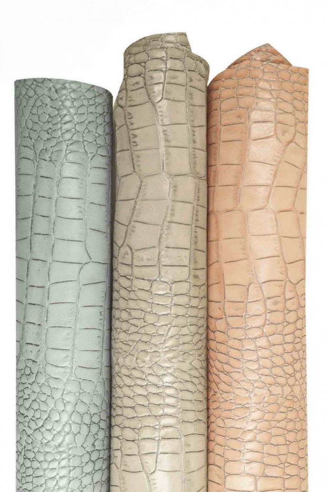 CROCODILE embossed leather hide, light blue, grey, pink croc printed cowhide, animal print on glossy calfskin