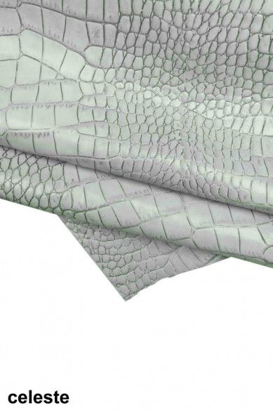 Pelle stampa COCCODRILLO celeste grigio rosa, pellame motivo cocco, vitello stampato animalier, morbidezza media