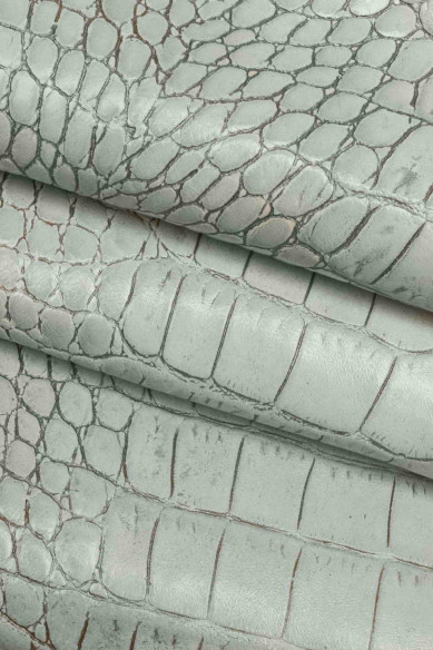 Pelle stampa COCCODRILLO celeste grigio rosa, pellame motivo cocco, vitello stampato animalier, morbidezza media