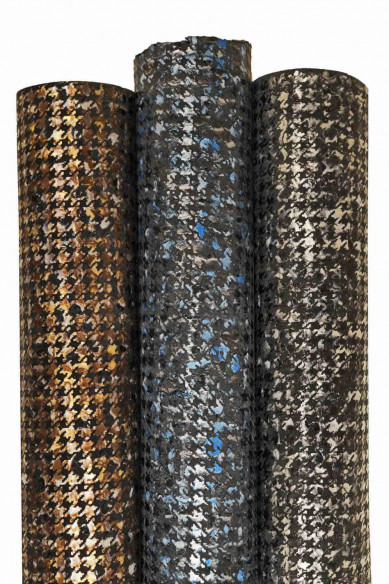 PIED de poule textured leather skin, brown blue gray metallic printed goatskin, bright soft skin