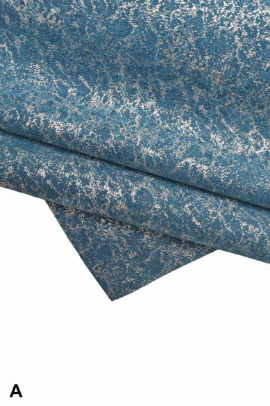 Pellami SCAMOSCIATI metallizzati blu giallo, crosta di vitello laminata stampata, morbida, luminosa, diverse fantasie