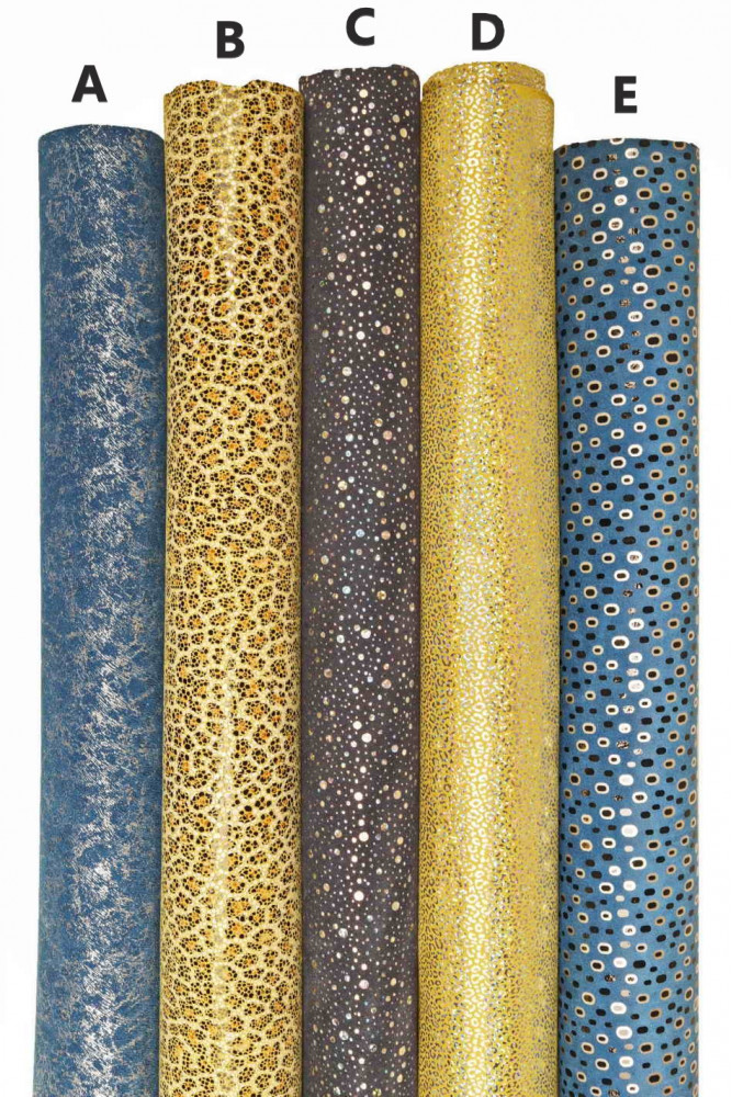 Blue yellow metallic SUEDE calfskin, soft bright printed cowhides, original leather hides in different textures