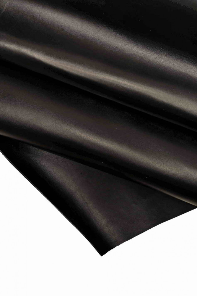 BLACK SMOOTH leather hide, solid color calfskin, quite glossy, soft cowhide, 1.0 -1.3 mm