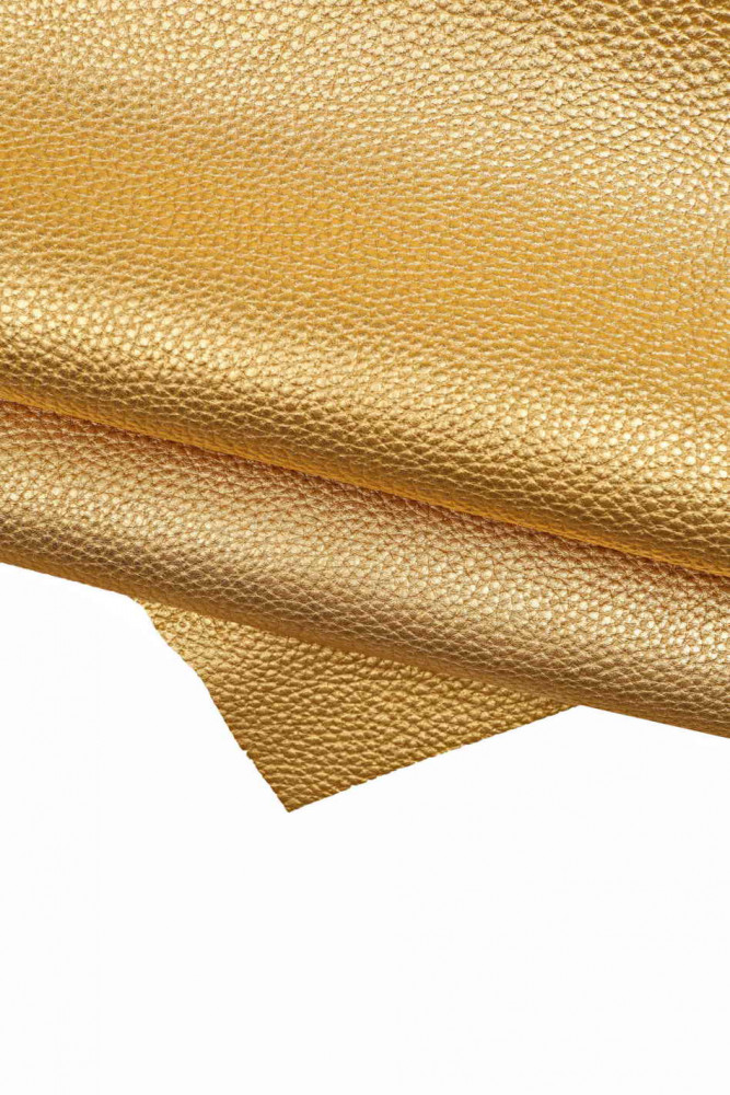 GOLD leather hide, pebble grain printed cowhide, metallic soft golden calfskin, 1.6 - 1.7 mm