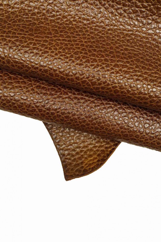 BROWN pebble grain printed leather hide, glossy cowhide, embossed calfskin, 1.8 - 2.0 mm
