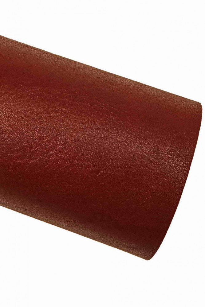 Burgundy VEGETABLE tan leather hide, sporty cowhide with light natural grain, glossy wrinkled calfskin