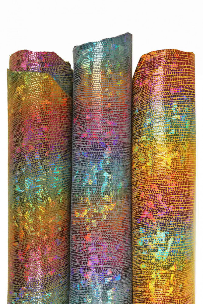 MULTICOLOR iridescent leather skin, metallic printed goatskin, soft colorful rainbow textured suede goatskin