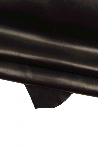 Black SMOOTH leather hide, glossy calfskin with venis, solid color, cowhide