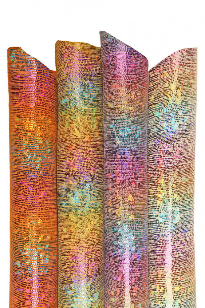 MULTICOLOR iridescent leather skin, metallic printed goatskin, soft colorful rainbow textured suede goatskin