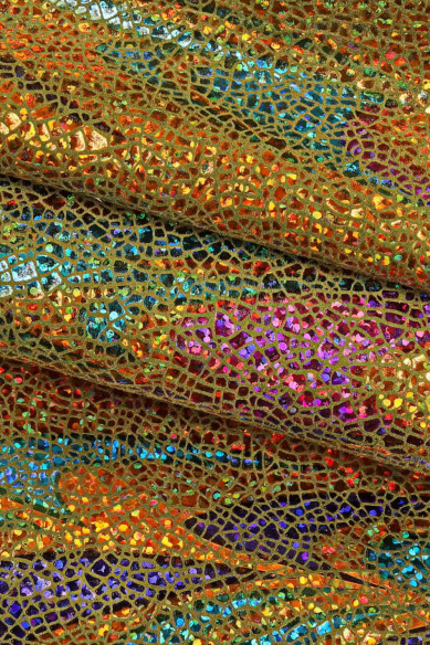 IRIDESCENT metallic goatskin, multicolor crackle printed skin with abstract pattern, soft bright hide