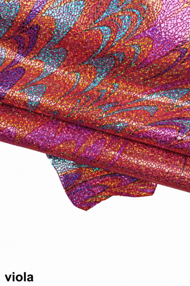 IRIDESCENT metallic goatskin, multicolor crackle printed skin with abstract pattern, soft bright hide