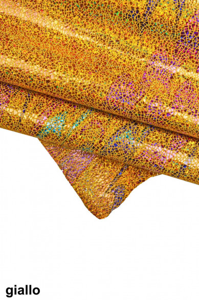 Capra METALLIZZATA iridescente, pelle multicolor stampa crackle e disegno astratto, pellame laminato morbido brillante