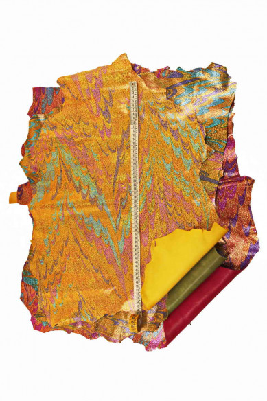 Capra METALLIZZATA iridescente, pelle multicolor stampa crackle e disegno astratto, pellame laminato morbido brillante