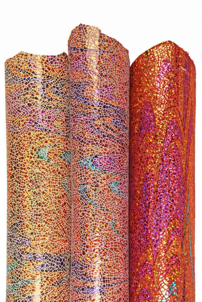 IRIDESCENT metallic goatskin, multicolor crackle printed skin with abstract pattern, soft bright hide