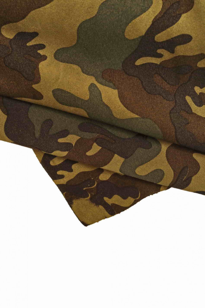 CAMOUFLAGE printed leather hide, green suede calfskin, camo textured soft cowhide