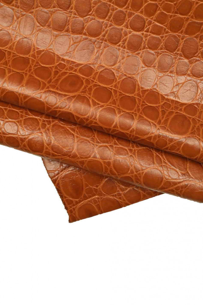 CROCODILE print on tan leather hide, brown croc embossed cowhide, glossy animal print calfskin, quite soft