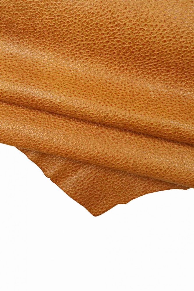 Tan pebble GRAIN leather skin, glossy printed goatskin, light brown sporty hide, medium softness