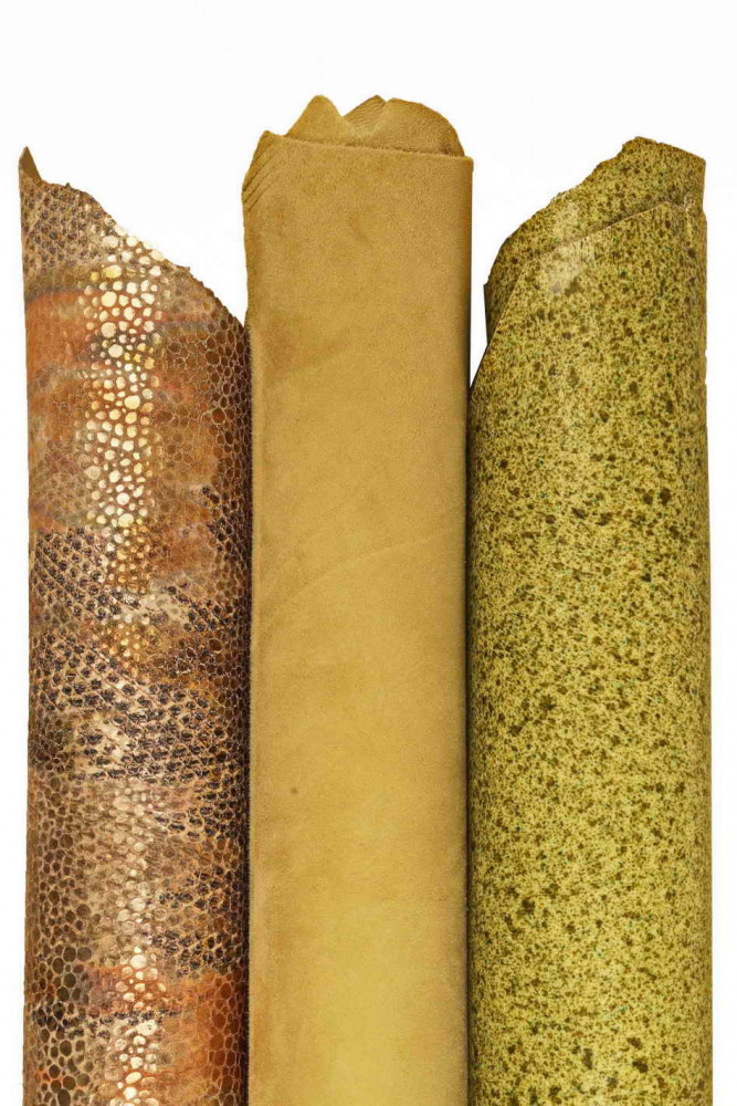 ASSORTMENT of green orange leather skins, lot of 3 suede, metallic, printed goatskins as per picture