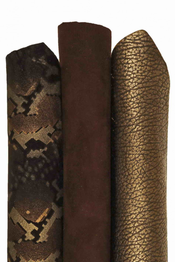 3 BRONZE brown leather skins, boundle of suede, printed, metallic goatskins as per picture