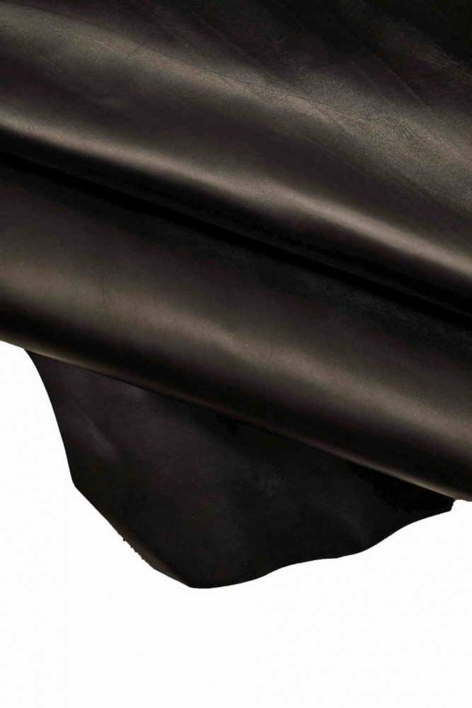 BLACK SOFT leather hide, semi glossy calfskin nappa, solitd color smooth cowhide 1.1 - 1.3 mm