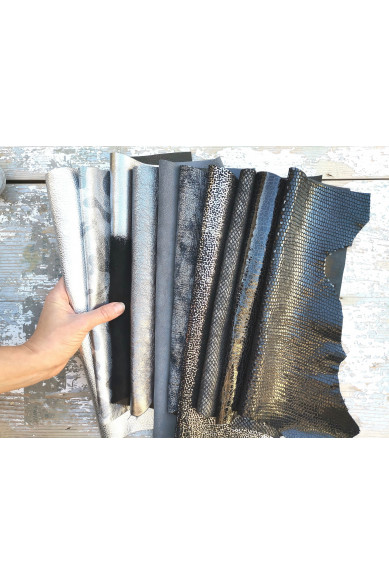 10 Ritagli di pellami unici selezionati argento, ACCIAIO, grigio, NERO, pezzi di pelle assortimento mix fantasie come da foto