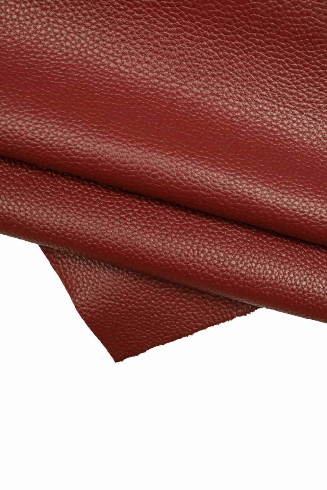 BURGUNDY pebble grain printed cowhide, sporty quite glossy leather hide, soft embossed calfskin, 1.3-1.5 mm
