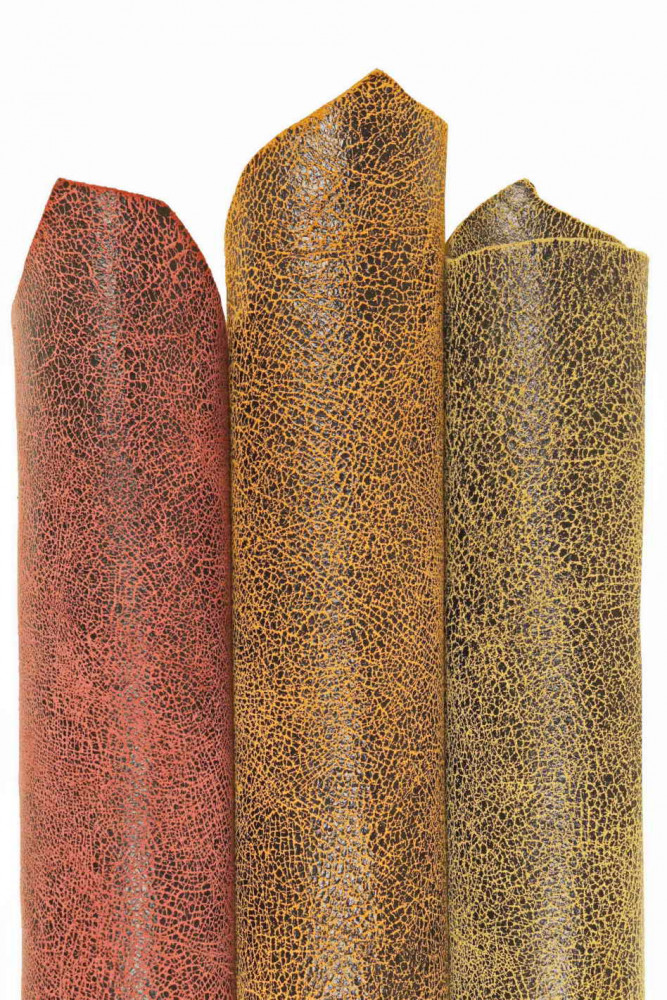 Red, orange, yellow CRACKLE printed leather skin, soft textured suede goatskin, crack pattern on skin