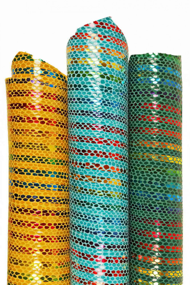 Multicolor STRIPES printed leather skin, green, yellow and orange snake texture and metallic soft suede goatskin