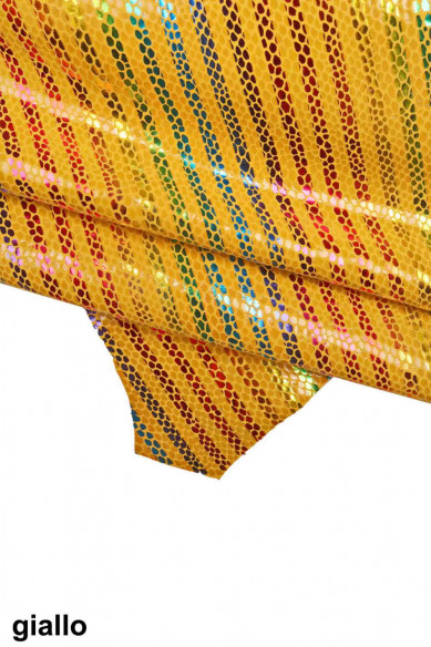 Pelle stampa RIGHE multicolor, pellame di camoscio arancio, verde e giallo con motivo serpente, capra morbida scamosciata