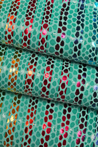 Multicolor STRIPES printed leather skin, green, yellow and orange snake texture and metallic soft suede goatskin