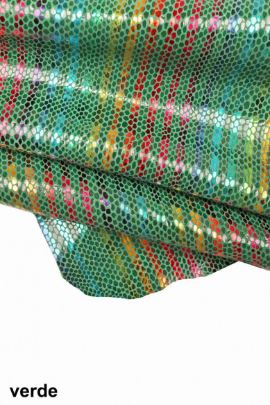 Multicolor STRIPES printed leather skin, green, yellow and orange snake texture and metallic soft suede goatskin