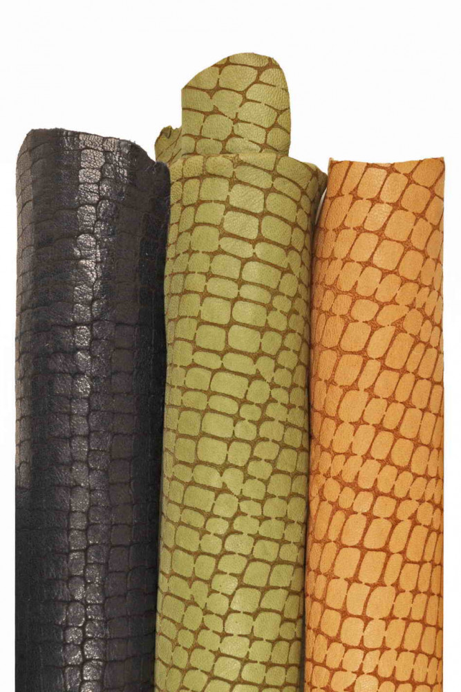 Crocodile PRINTED goatskin, blue, green and beige sporty soft leather skin, washed croc embossed hide