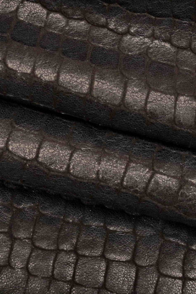 Crocodile PRINTED goatskin, blue, green and beige sporty soft leather skin, washed croc embossed hide