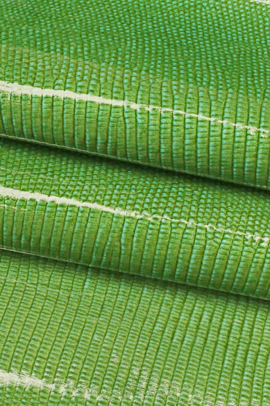 Pelle stampa lizard VERNICIATA, vernice su agnello verde rosso e marrone mattone, pellame lucido con stampa animalier