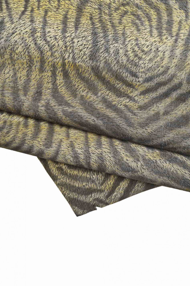 ANIMAL printed leather hide, black grey beige tiger texture on cowhide, matt quite soft calfskin